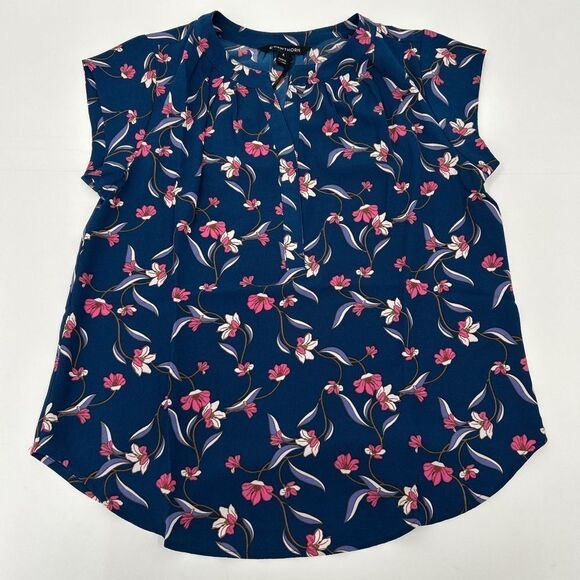 NWT Stitch Fix 41 Hawthorn Floral Pleated V Neck Blouse WGW10479 Blue - Picture 1 of 6